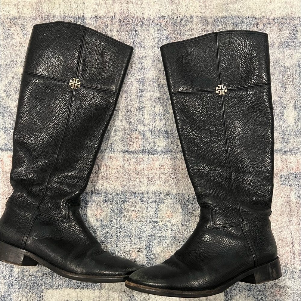 Tory Burch Black Leather Riding Boots - size 8.5 Wide Calf
